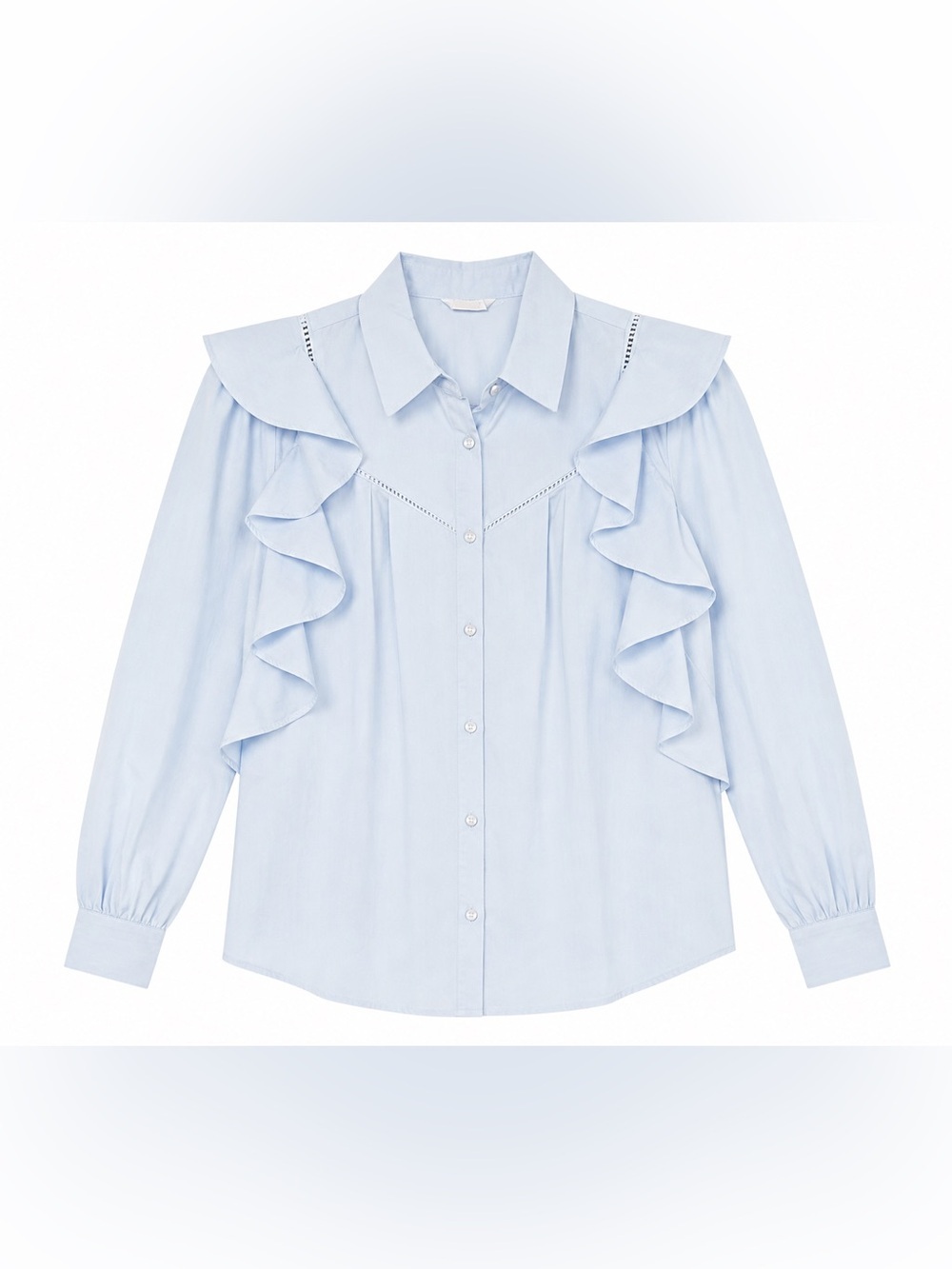 Stradivarius Women’s Light Blue Ruffle Button-Up Cotton Blend Blouse Size Small